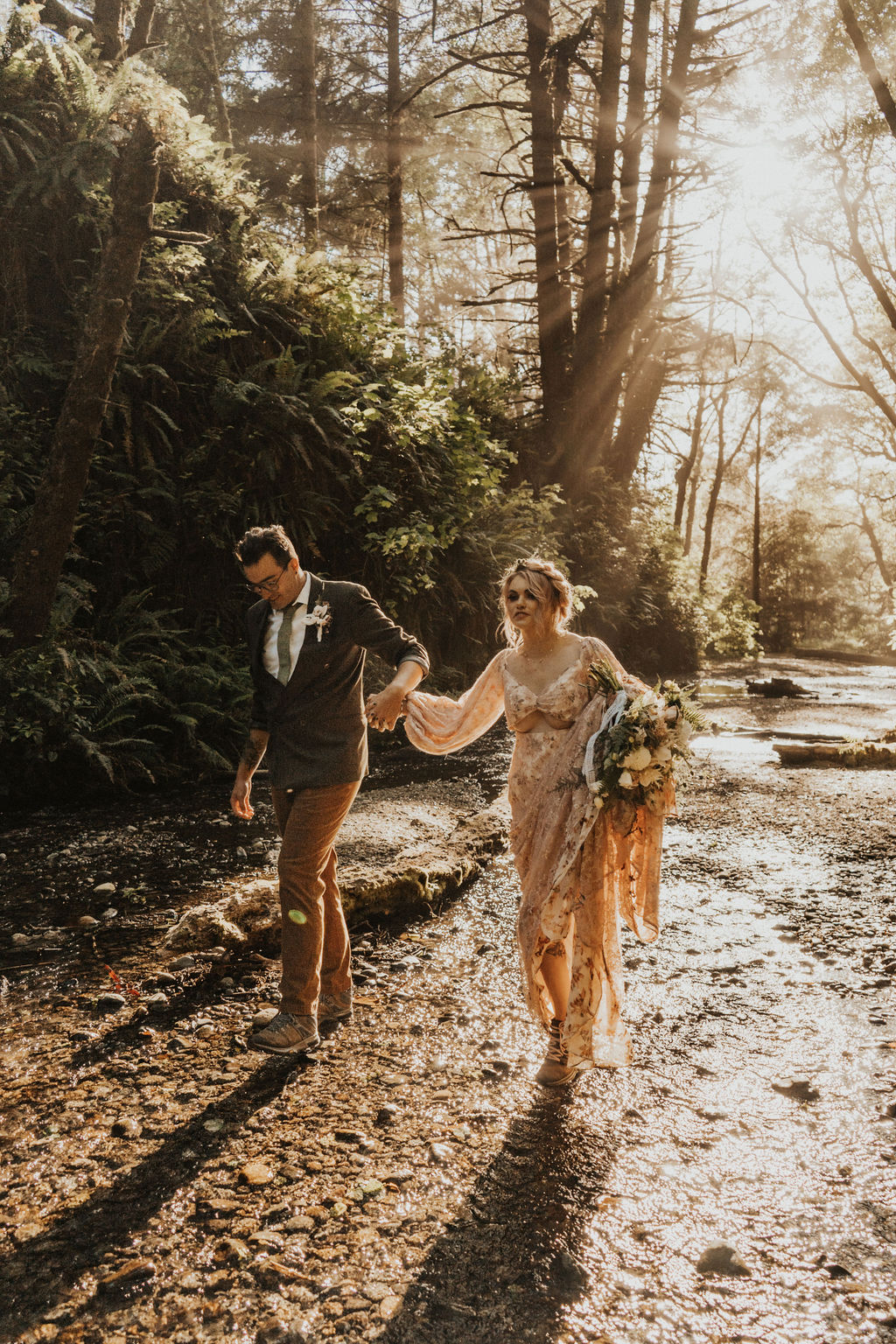 golden hour bride and groom photos on their hiking elopement