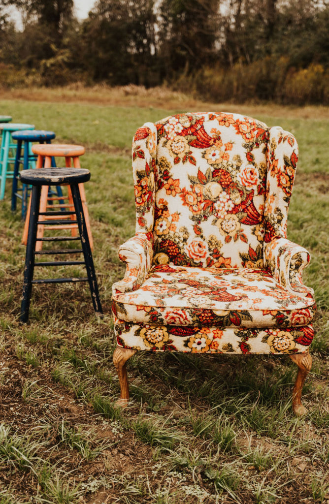 thrifted wedding seating at this outdoor Alabama wedding
