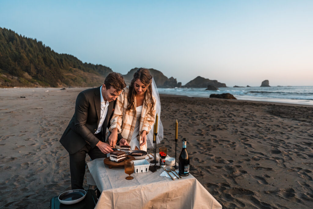 couple cutting their wedding cake at a picnic on the beach